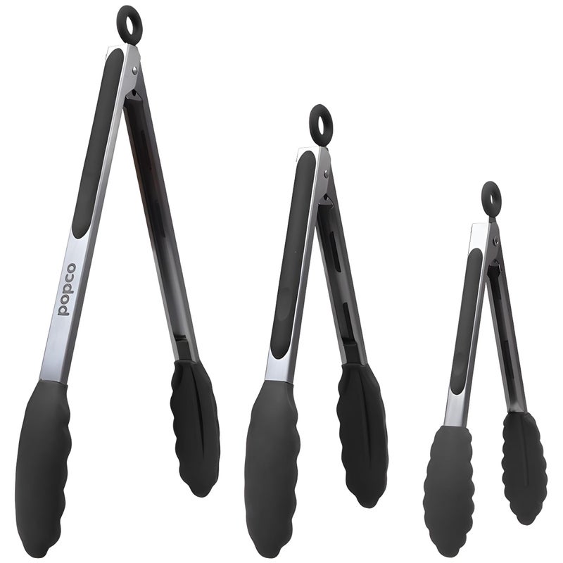 Popco 3-Piece Kitchen Tongs Set â€“ Stainless Steel Heat Resistant Silicone Tips, Strong Comfort Grip, 3 Sizes (7, 9, 12 Inch), Non-Scratch, Dishwasher Safe, for Cooking, BBQ, Salad - Image 1